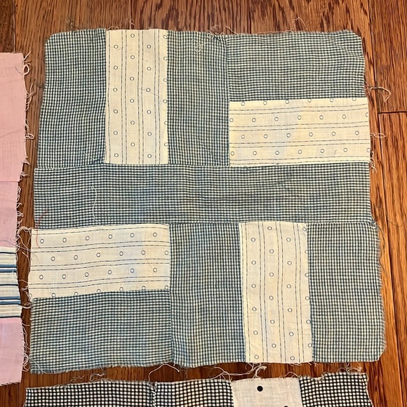 Vintage patchwork quilt blocks Circa 1880’s blues blacks pink, gingham Ex - Picture 7 of 12
